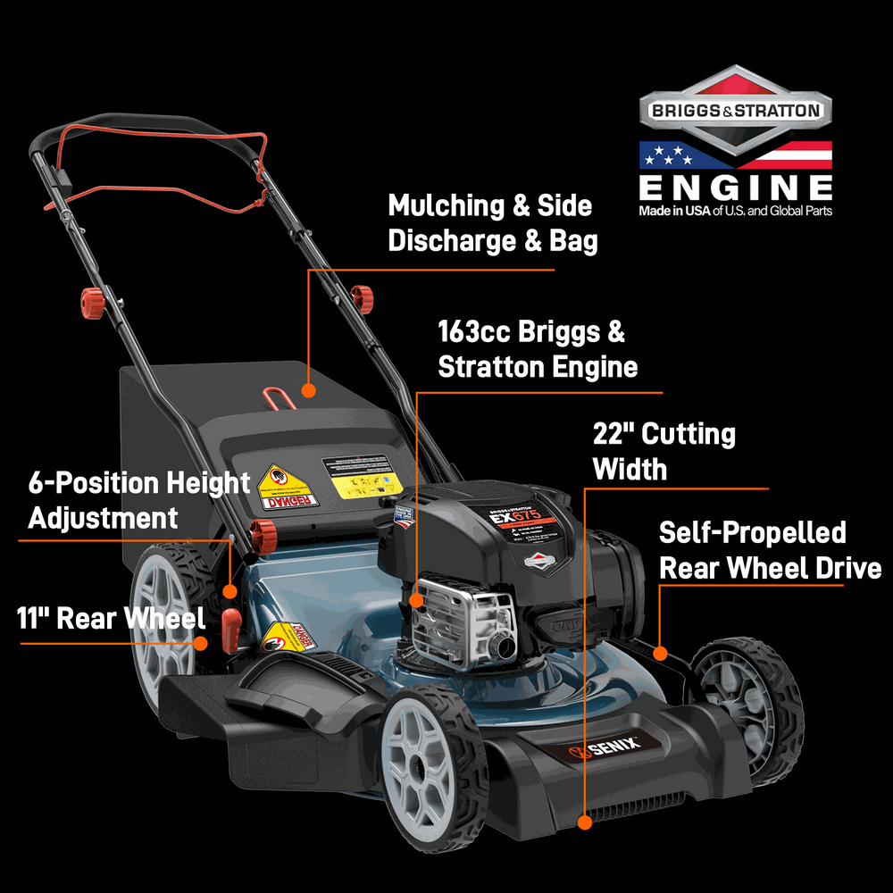22" 163cc 4-Cycle Briggs & Stratton Engine Gas Self-Propelled Lawn Mower with 3-in-1 Mulching, Bagging, Side Discharge