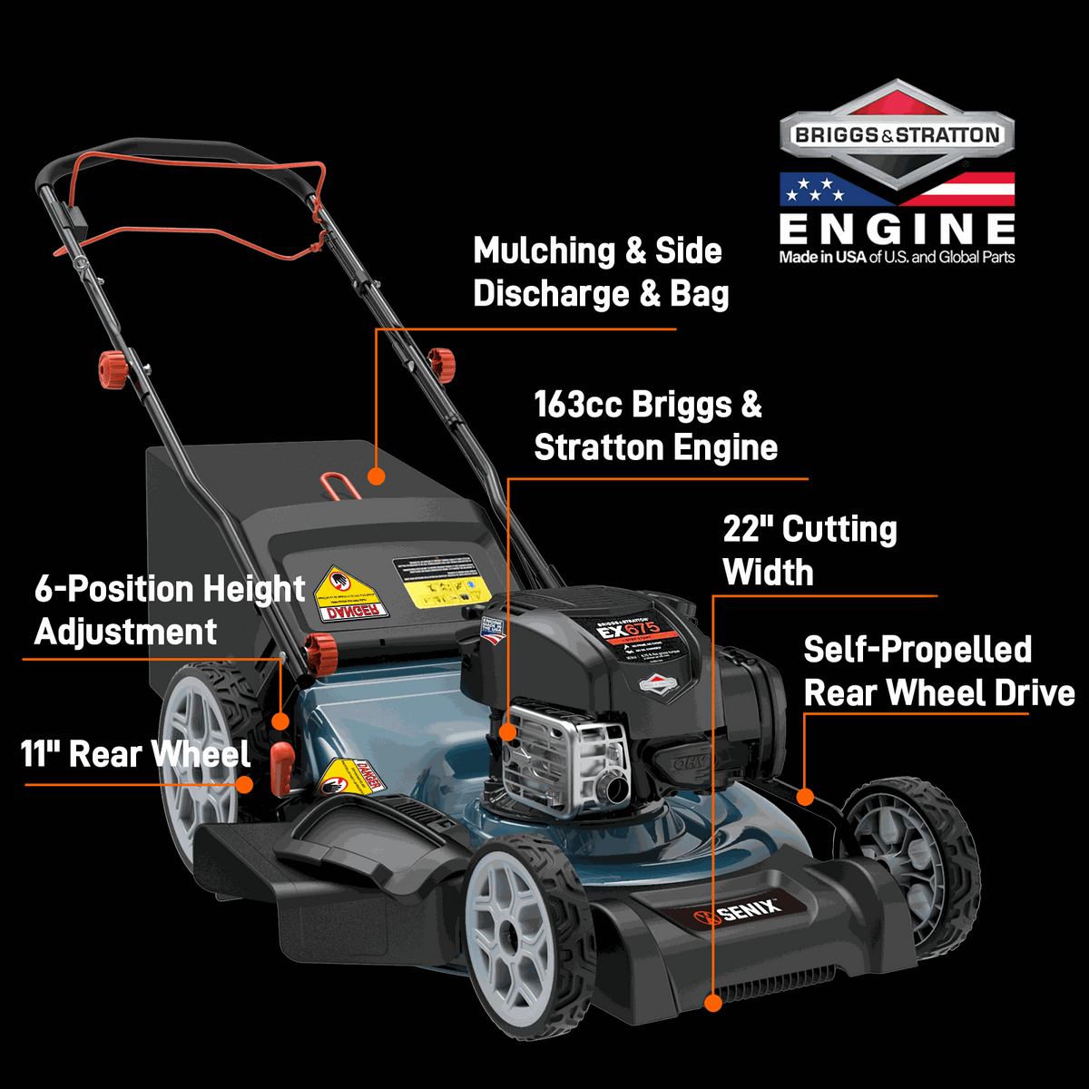 22" 163cc 4-Cycle Briggs & Stratton Engine Gas Self-Propelled Lawn Mower with 3-in-1 Mulching, Bagging, Side Discharge