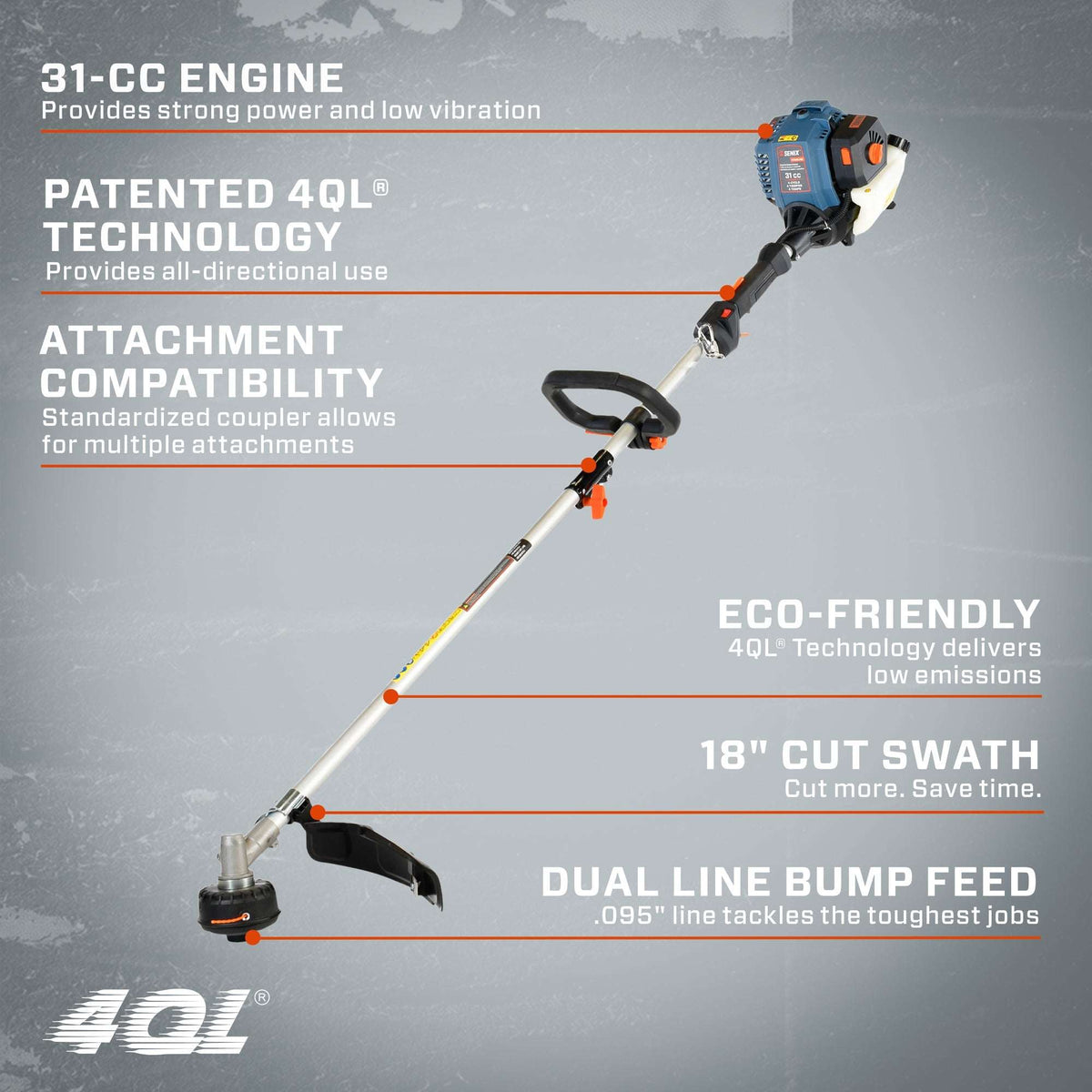 4QL® 31cc 4-Cycle 18" Gas String Trimmer, Attachment Capable